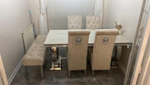 Cream Ariana Round Legs Marble Dining Table with Mink Sofia Chairs + Bench