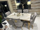 Kata Gold Louis Dining Table With Light Grey Gold Majestic Chairs