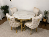 Kata Gold Louis Round Dining Table With Victoria Cream Gold Lion Knocker Chairs