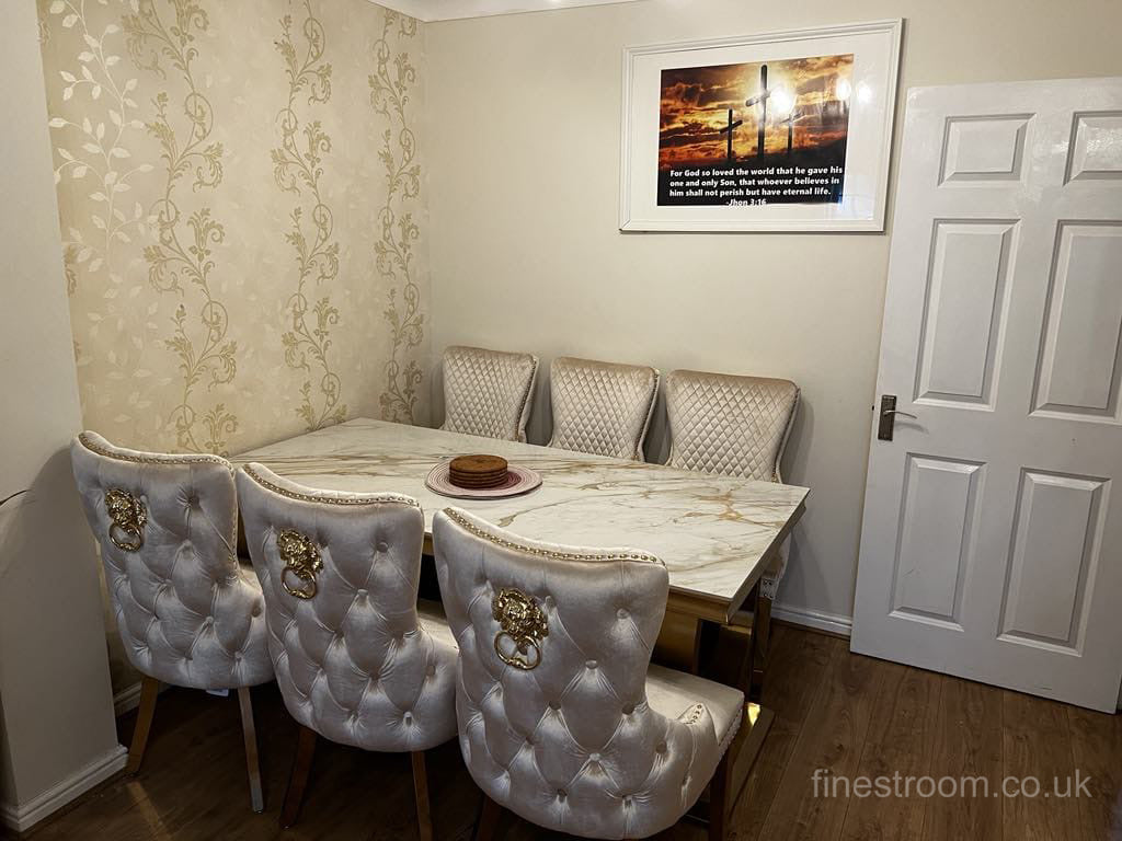 Kata Gold Ariana Dining Table With Cream Gold Lion Knocker Victoria Chairs