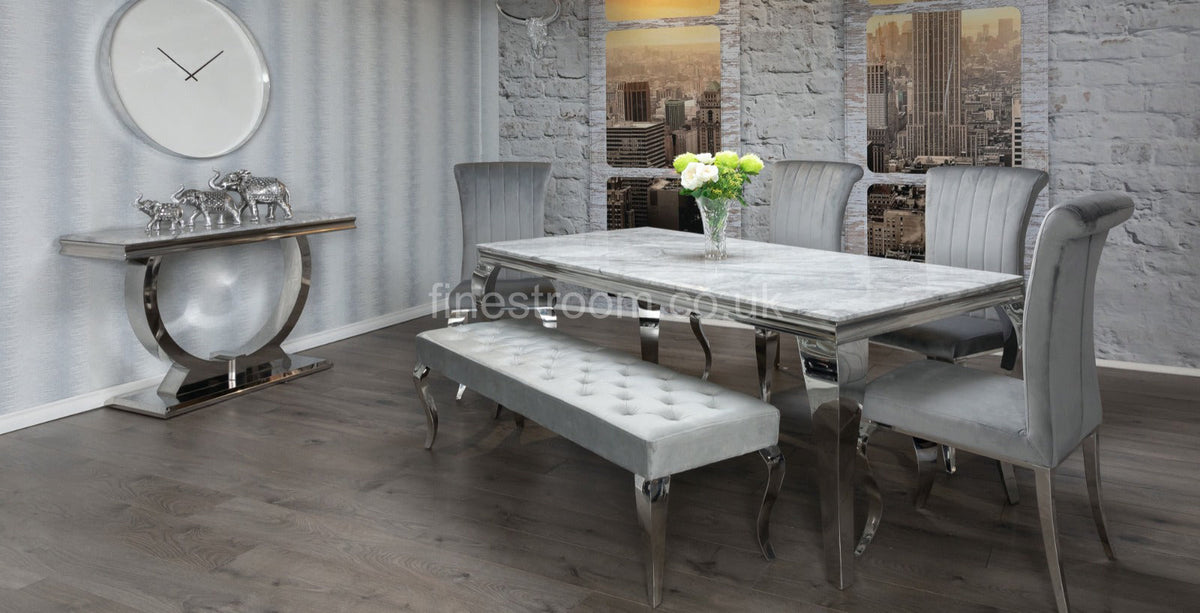 Grey Louis Chrome Dining Table With Light Grey Nicole Chairs and Bench