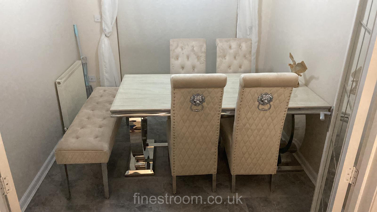 Cream Ariana Round Legs Marble Dining Table with Mink Sofia Chairs + Bench