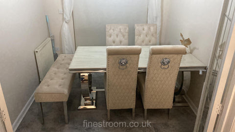 Cream Ariana Round Legs Marble Dining Table with Mink Sofia Chairs + Bench