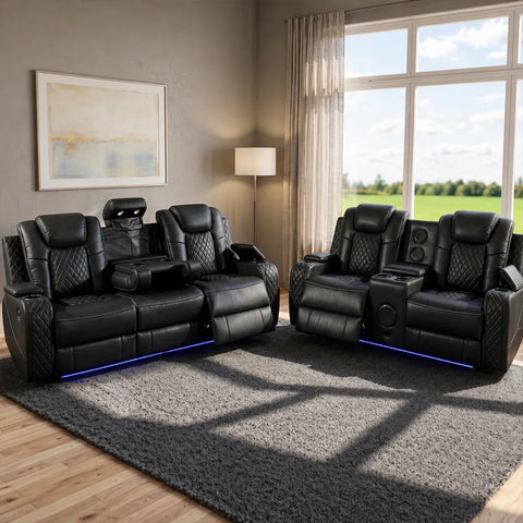 Emilay Leather Electric Recliner Sofa 3+2 Seater – Cooling Cupholders, Bluetooth Speakers, Wireless Charging, LED Lights & USB-A/USB-C | Black, Grey & Cream