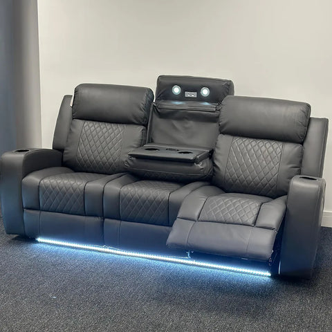 Texas Leather Electric Recliner Sofa Set 3+2 Seater with Cup Holders, LED Lights, Storage, USB Charging Ports, Type-C Charging & Wireless Charging (3+2 Seater, Black & Grey)