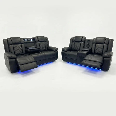 Michigan Leather Electric Recliners Sofa With Cupholders (Black/Grey/Brown) - 3+2 Seater Sofa/Bluetooth Speakers/LED Lights/USB Charging Ports/Storage