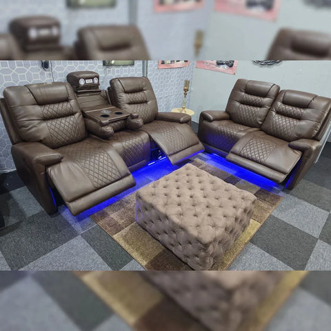 Halifax Leather Electric Recliner Sofa Set With Cupholders - 3+2 Seater Sofa - LED Lights - Wireless Charging - USB Charging Ports (Grey, Black & Brown 3+2 Seater)