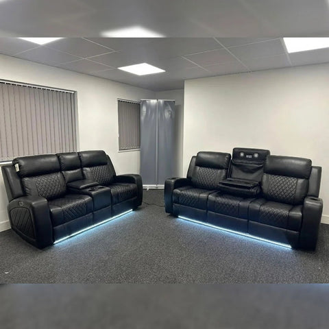 Texas Leather Electric Recliner Sofa Set 3+2 Seater with Cup Holders, LED Lights, Storage, USB Charging Ports, Type-C Charging & Wireless Charging (3+2 Seater, Black & Grey)