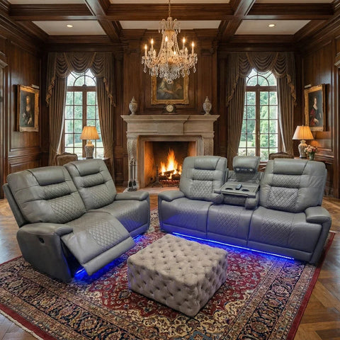 Halifax Leather Electric Recliner Sofa Set With Cupholders - 3+2 Seater Sofa - LED Lights - Wireless Charging - USB Charging Ports (Grey, Black & Brown 3+2 Seater)