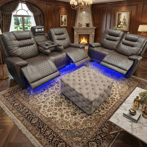 Halifax Leather Electric Recliner Sofa Set With Cupholders - 3+2 Seater Sofa - LED Lights - Wireless Charging - USB Charging Ports (Grey, Black & Brown 3+2 Seater)