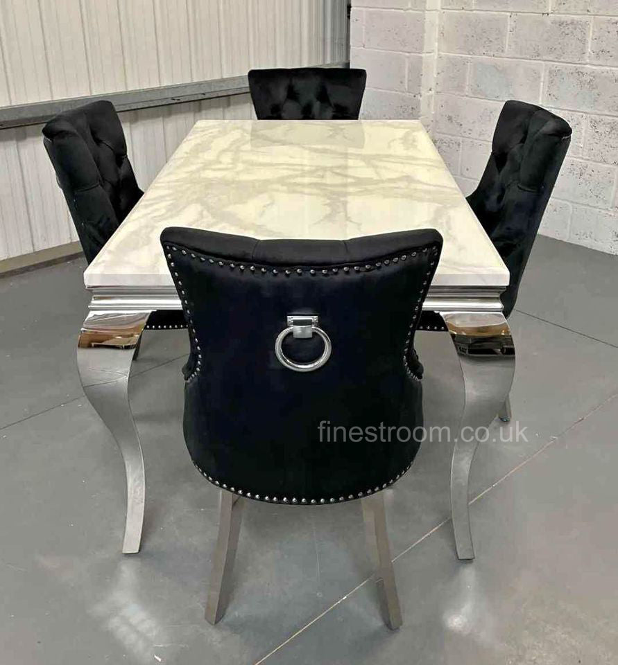 White Louis Dining Table With Black Valencia Chairs