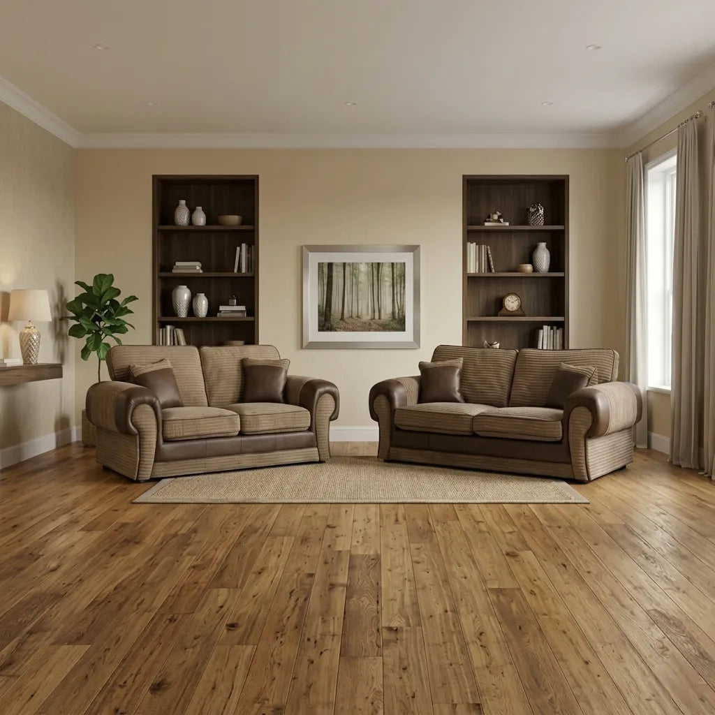 Tango Cord Fabric & Leather Sofa Set – Modern & Comfortable 3+2 Seater in Grey & Brown Colours
