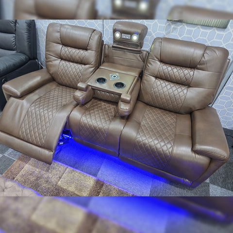 Halifax Leather Electric Recliner Sofa Set With Cupholders - 3+2 Seater Sofa - LED Lights - Wireless Charging - USB Charging Ports (Grey, Black & Brown 3+2 Seater)