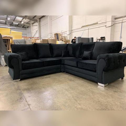 Verona Full Back Corner Sofa Black Plush Velvet