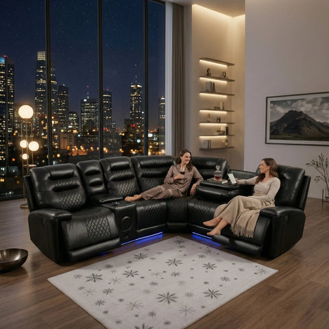 Halifax Leather Electric Recliner Corner Sofa with Bluetooth Speakers, Wireless Charger, USB Ports & LED Lights ( Grey, Black, and Brown)