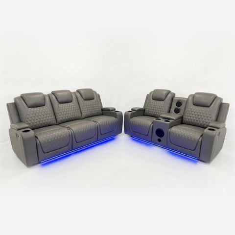 Malaga Leather Electric Recliner Sofa Set – 3+2 Seater with LED Lights, Bluetooth Speakers, USB & Type-C Charging and Wireless Charging (Grey, Black & Cream)