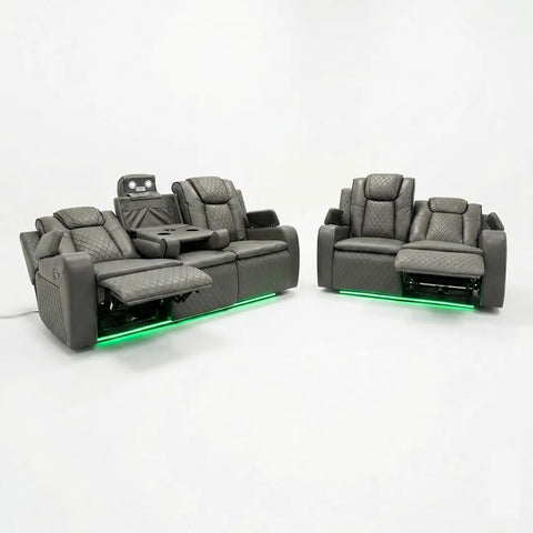 Colorado Leather Electric Recliner Sofa – Cup Holders, LED Lights, USB & Type-C Ports, Wireless Charging (Grey, Black, Brown)