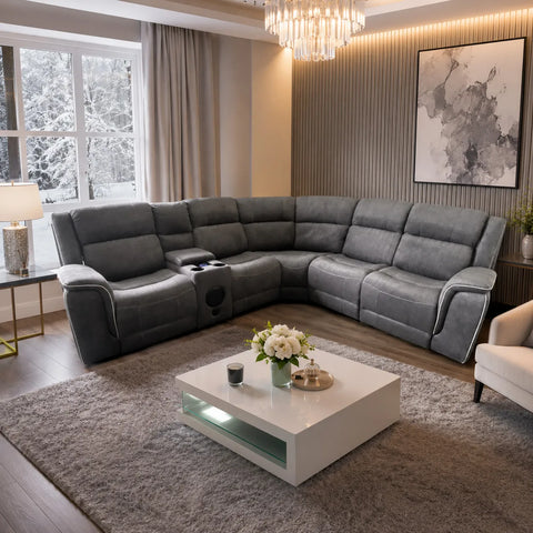Hannah Grey Microfibre Electric Recliner Corner Sofa Set | Fabric Sofa with USB Charging, LED Lights & Bluetooth Speakers