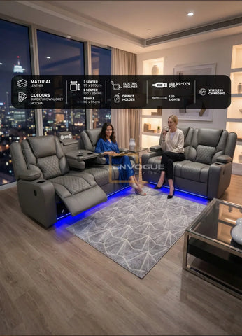 Orlando Leather Electric Recliners Sofa With Cupholders - 3+2 Seater Sofa/LED Lights/Wireless Charging/USB Charging Ports