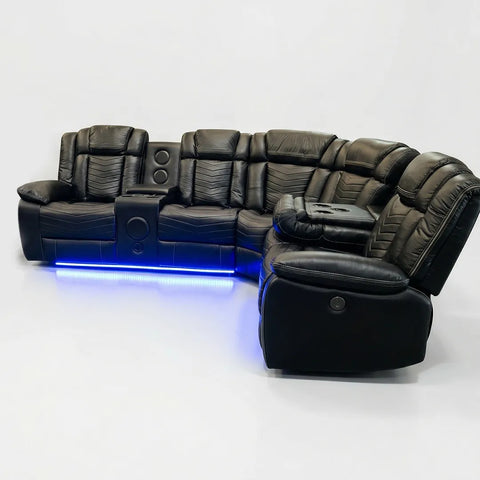 Michigan Leather Electric Recliners Corner Sofa With Cupholders (Black/Grey/Brown)- Bluetooth Speakers/LED Lights/USB Charging Ports/Storage