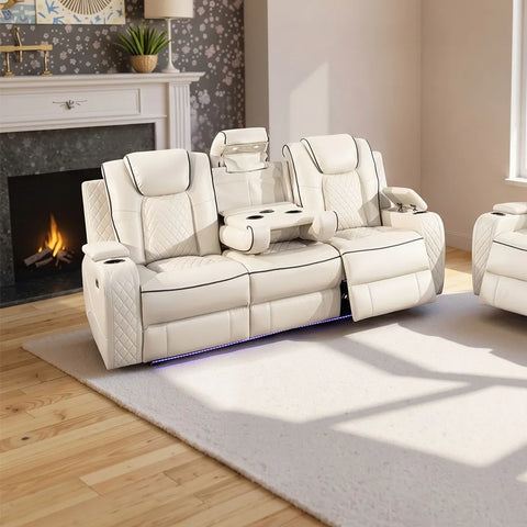 Emilay Leather Electric Recliner Sofa 3+2 Seater – Cooling Cupholders, Bluetooth Speakers, Wireless Charging, LED Lights & USB-A/USB-C | Black, Grey & Cream