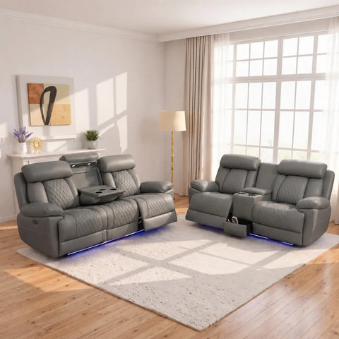 Carlisle Leather Electric Recliner 3+2 Seater Sofa Set with LED Lights, Cooling Cup Holders, USB-C Charging Ports & Storage Console