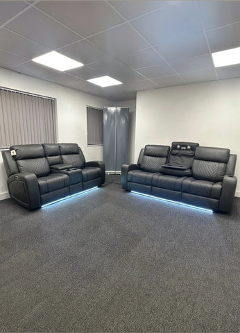 Texas Leather Electric Recliner Sofa Set 3+2 Seater with Cup Holders, LED Lights, Storage, USB Charging Ports, Type-C Charging & Wireless Charging (3+2 Seater, Black & Grey)