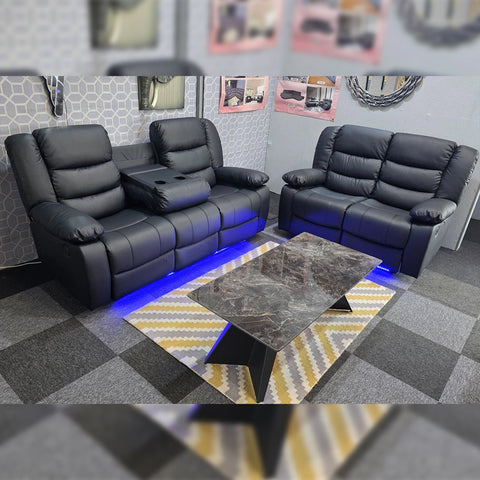 Roma Leather Electric Recliner Sofa 3+2 Seater – USB Ports, LED Lights & Cup Holders | Black/Grey