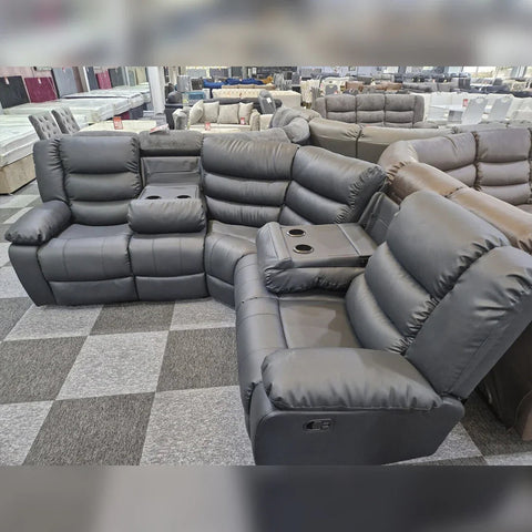Roma Leather Recliner Corner Sofa (Black/Grey/Brown)