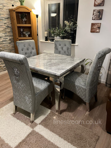 Grey Louis Chrome Dining Table With Light Grey Sofia Chairs