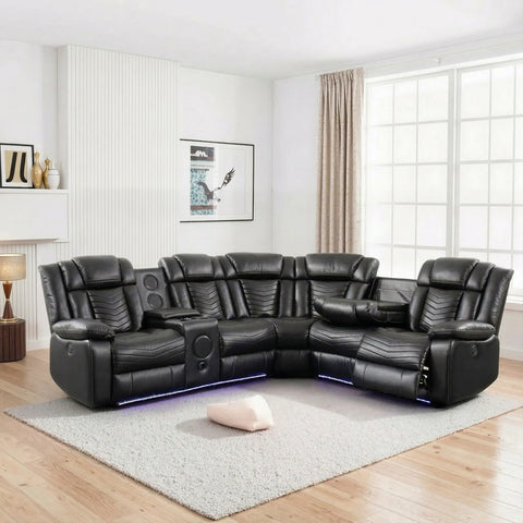 Michigan Leather Electric Recliners Corner Sofa With Cupholders (Black/Grey/Brown)- Bluetooth Speakers/LED Lights/USB Charging Ports/Storage