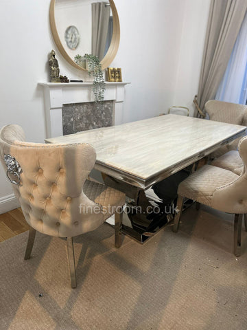 Cream Arial Marble Dining Table with Mink Valentino Chairs