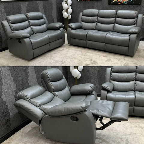 Roma Leather Recliner Sofa 3+2 Seater With Cup Holder Black/Grey