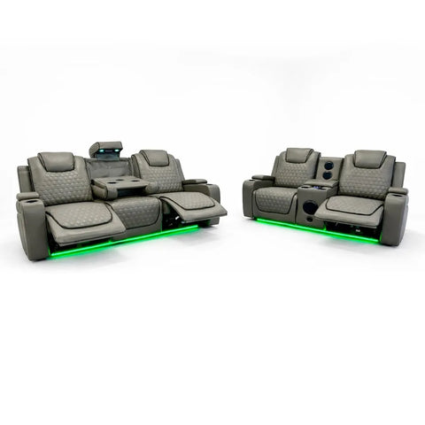Malaga Leather Electric Recliner Sofa Set – 3+2 Seater with LED Lights, Bluetooth Speakers, USB & Type-C Charging and Wireless Charging (Grey, Black & Cream)