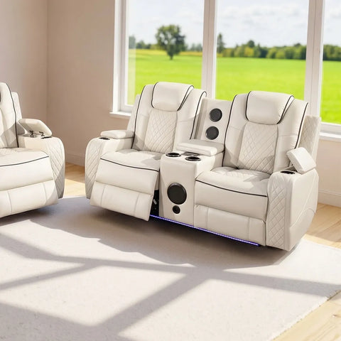 Emilay Leather Electric Recliner Sofa 3+2 Seater – Cooling Cupholders, Bluetooth Speakers, Wireless Charging, LED Lights & USB-A/USB-C | Black, Grey & Cream