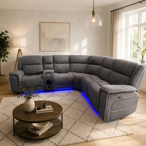 Hannah Grey Microfibre Electric Recliner Corner Sofa Set | Fabric Sofa with USB Charging, LED Lights & Bluetooth Speakers