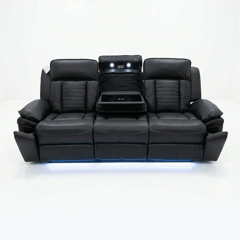 Savilla Electric Leather Recliner Sofa Set – 3+2 Seater with Cup Holders, USB & Type-C Charging Ports, LED Lighting & Wireless Charging, Black & Grey