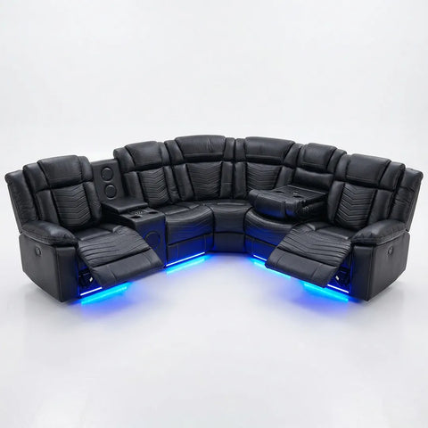 Michigan Leather Electric Recliners Corner Sofa With Cupholders (Black/Grey/Brown)- Bluetooth Speakers/LED Lights/USB Charging Ports/Storage