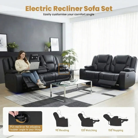 Orlando Leather Electric Recliners Sofa With Cupholders - 3+2 Seater Sofa/LED Lights/Wireless Charging/USB Charging Ports