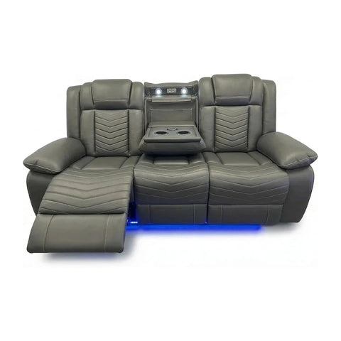 Michigan Leather Electric Recliners Sofa With Cupholders (Black/Grey/Brown) - 3+2 Seater Sofa/Bluetooth Speakers/LED Lights/USB Charging Ports/Storage