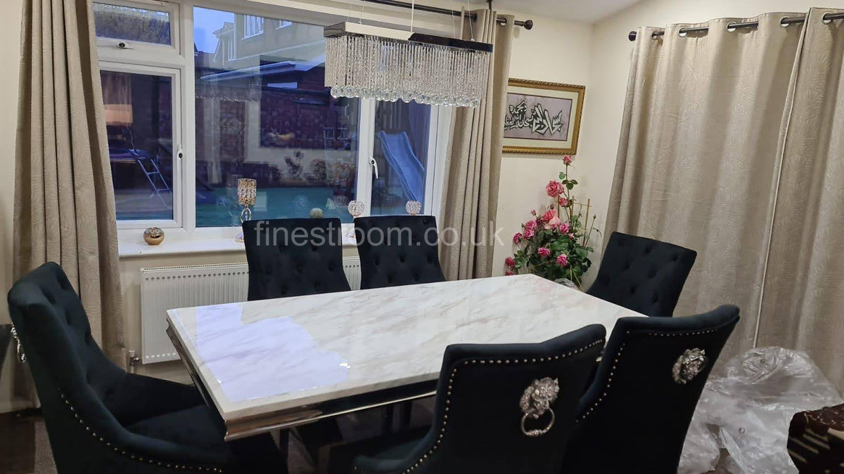 White Arial Dining Table with Black Majestic Chairs