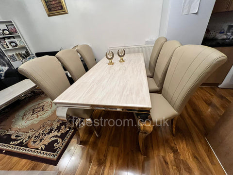 Cream Louis chrome Dining Table with Cream Leather Armenia Chairs
