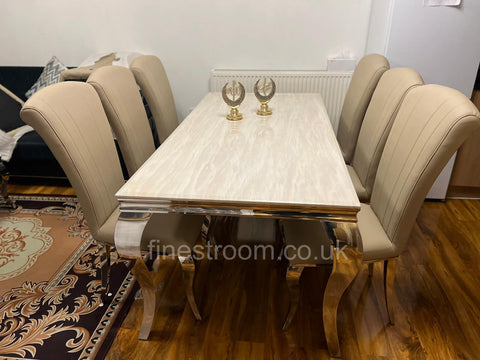 Cream Louis chrome Dining Table with Cream Leather Armenia Chairs