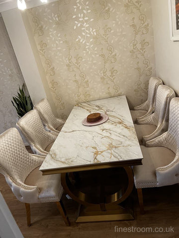 Kata Gold Ariana Dining Table With Cream Gold Lion Knocker Victoria Chairs