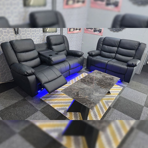 Roma Leather Electric Recliner Sofa 3+2 Seater – USB Ports, LED Lights & Cup Holders | Black/Grey