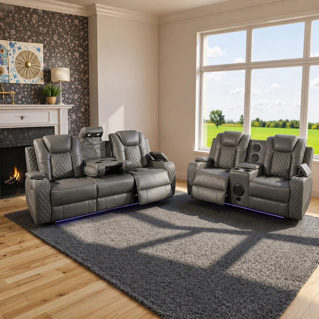 Emilay Leather Electric Recliner Sofa 3+2 Seater – Cooling Cupholders, Bluetooth Speakers, Wireless Charging, LED Lights & USB-A/USB-C | Black, Grey & Cream