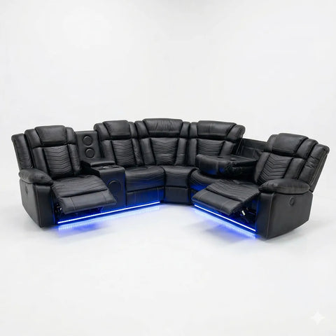 Michigan Leather Electric Recliners Corner Sofa With Cupholders (Black/Grey/Brown)- Bluetooth Speakers/LED Lights/USB Charging Ports/Storage