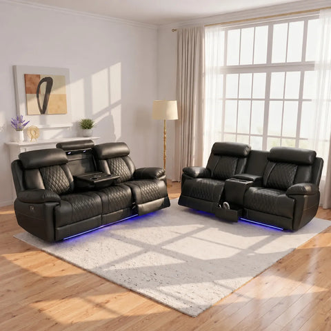 Carlisle Leather Electric Recliner 3+2 Seater Sofa Set with LED Lights, Cooling Cup Holders, USB-C Charging Ports & Storage Console