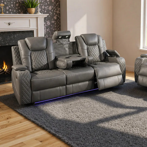 Emilay Leather Electric Recliner Sofa 3+2 Seater – Cooling Cupholders, Bluetooth Speakers, Wireless Charging, LED Lights & USB-A/USB-C | Black, Grey & Cream