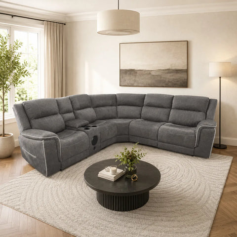 Hannah Grey Microfibre Electric Recliner Corner Sofa Set | Fabric Sofa with USB Charging, LED Lights & Bluetooth Speakers